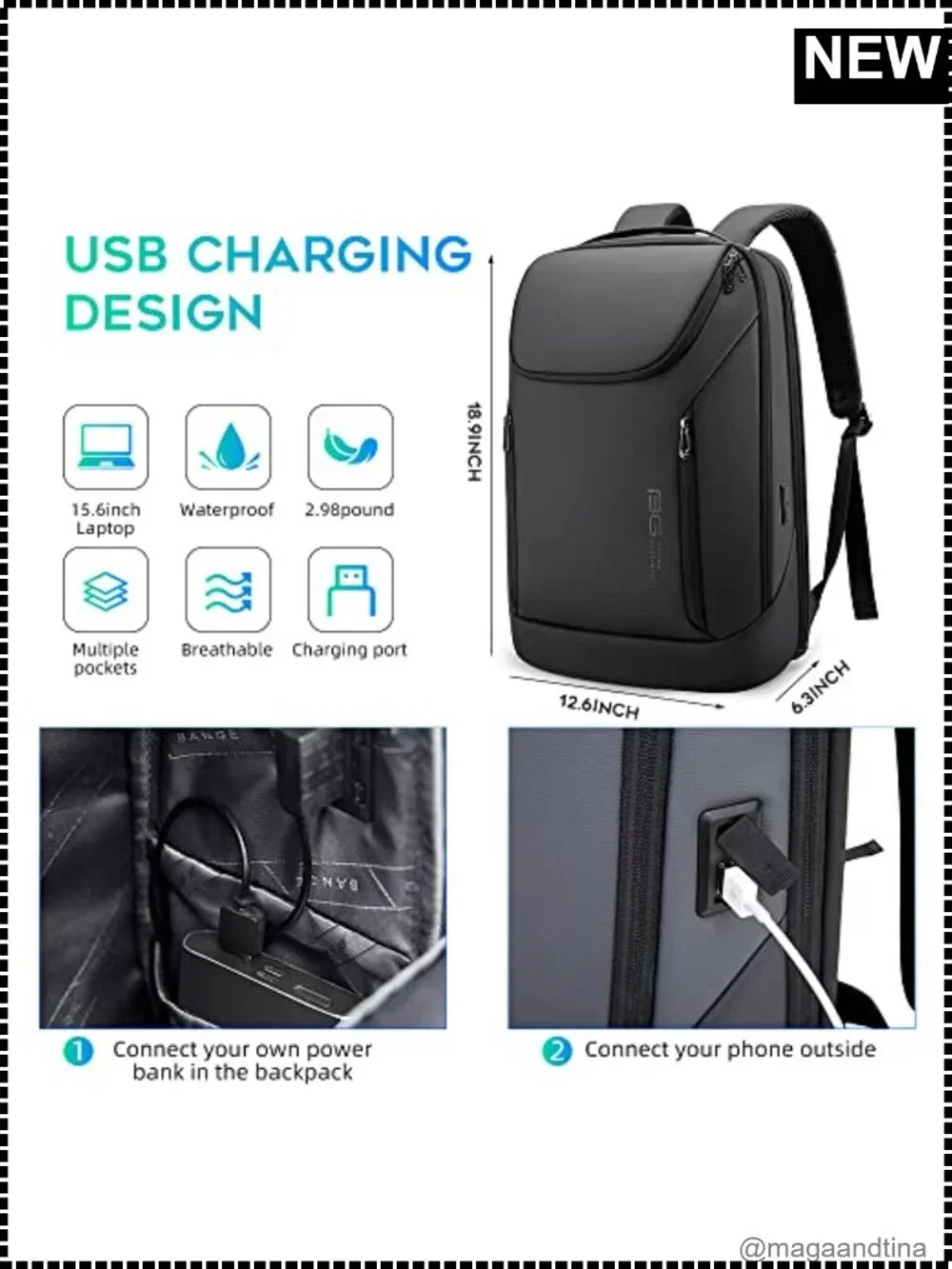 Waterproof Laptop Backpack 15.6 Inch USB Charging Port Travel Business